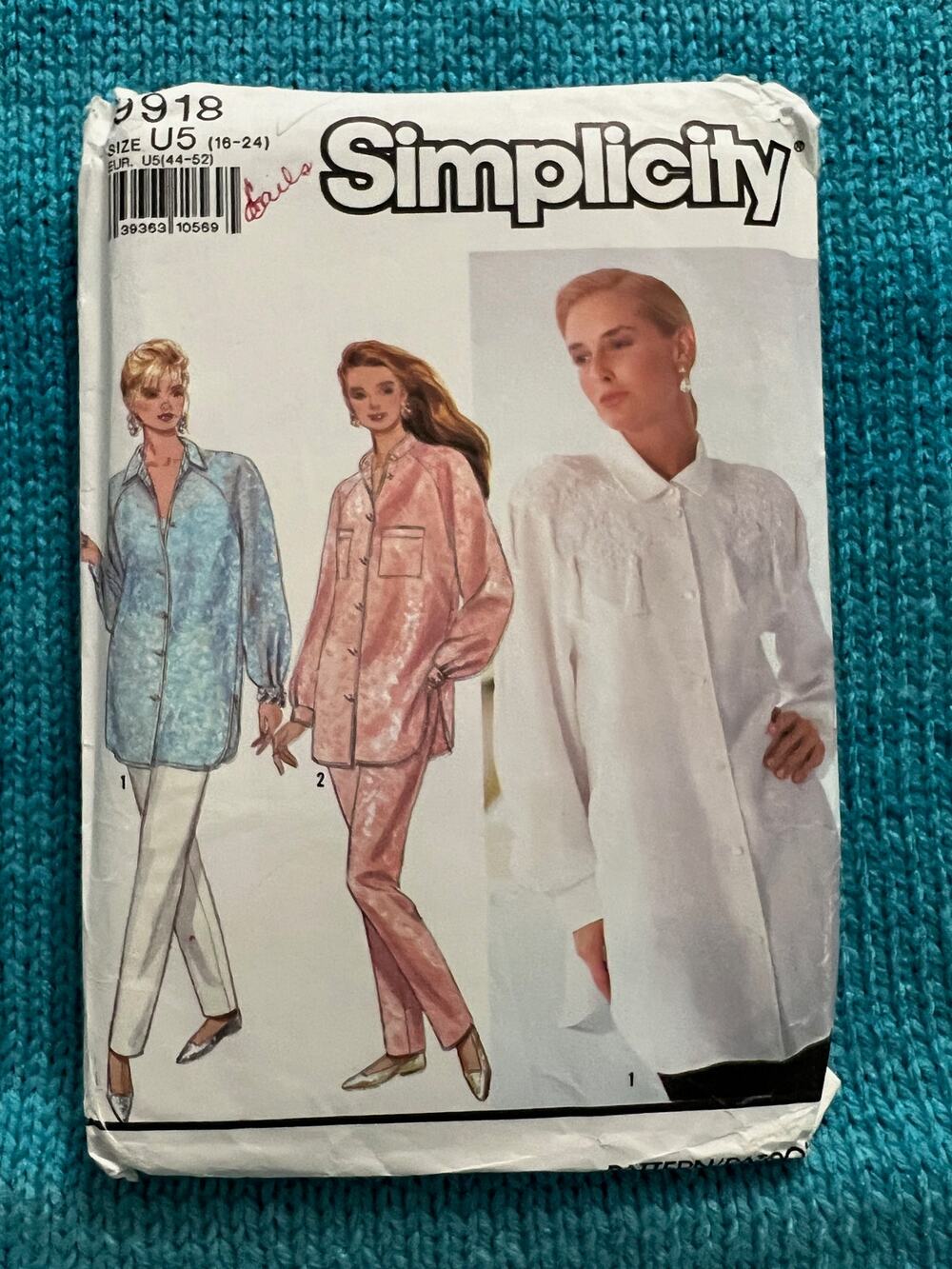 Simplicity 9918 Sewing pattern oversized button down shirt pants size 16-24
